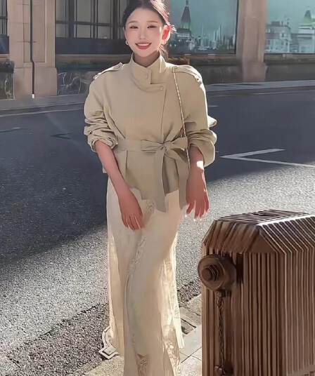 카키 색 스탠드 칼라 바람막이 여성 코트 가을 2026 한국 스타일 루즈핏 쇼트 스타일 재킷 반신 스커트 투피스 세트