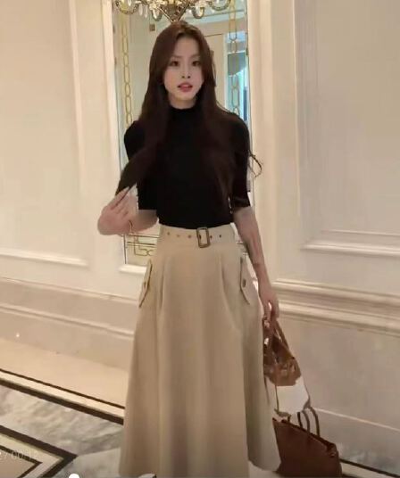 로얄 자매 품격 여신 팬 세트 여성 2026 가을 한국 스타일 출퇴근 고급 센스 티셔츠 워크웨어 반신 스커트 투피스 세트
