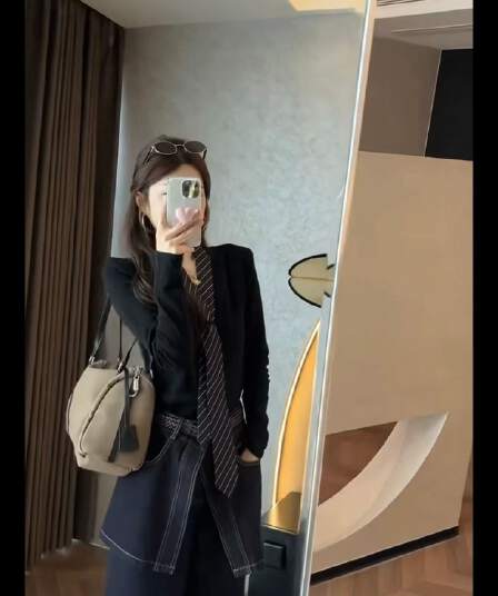이른 가을 한국 스타일 품격 다용도 하이웨이스트 슬림해 보이는 페이크 레이어드 방귀 커튼 바지 캐주얼 바지 기본 셔츠 투피스 세트