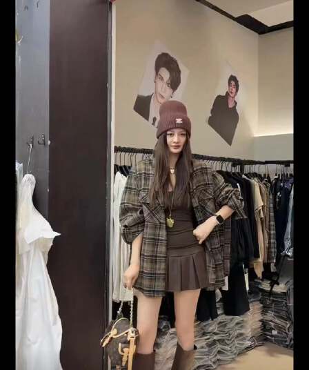 한 부서 레트로 배색 체크무늬 연삭 털 긴팔 여성 셔츠 가을 캐주얼 오픈 가디건 조끼 반신 스커트 3종 세트