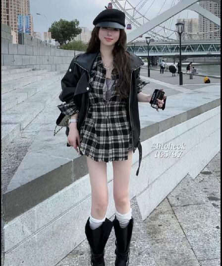 패션 레트로 루즈핏 거친 가장자리 체크무늬 POLO 칼라 셔츠 여성 드레스 가을 카디건 코트 투피스 세트