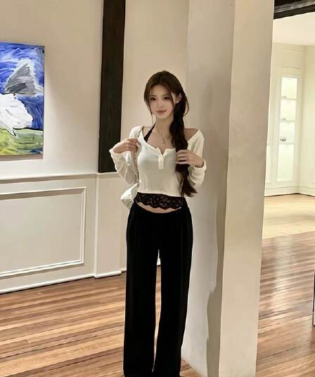 한 부서 미니멀리즘 행침 목 슬립 긴팔 티셔츠 캐주얼 바지 세 조각 여성 세트 가을 스택 착용 슬림해 보이는 세트