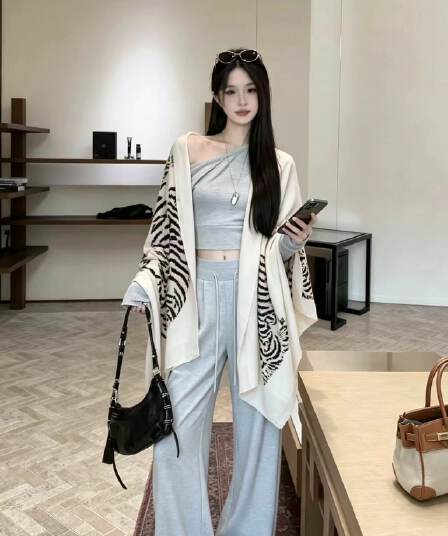 신년 세련된 느긋한 표범 프린트 숄 비스듬한 어깨 쇼트 스타일 맨위 허리밴드 캐주얼 바지 3 세트