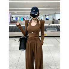 批发纯欲风假两件挂脖长袖T恤女春季新款修身<b class='q'>打底</b>衫休闲裤两件套