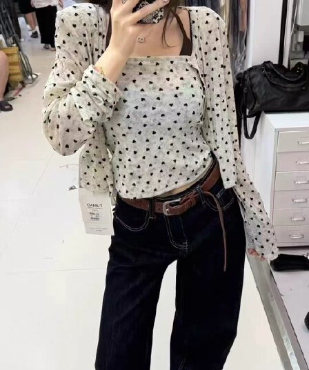 새로운 한 부서 자이언트 잘 생긴 ootd 착용 가져 가라. 도트 무늬 슬립 오픈 가디건 투피스 세트