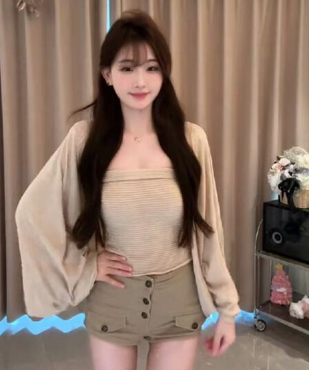 분위기 센스 수신 Pleat 슬립 느긋한 배트윙 소매 니트 자외선 차단 오픈 가디건 카키 반바지 3종 세트