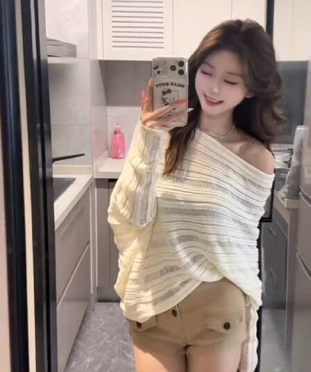 분위기 센스 벨트 가슴 패드 수신 Pleat 슬립 느긋한 배트윙 소매 니트 자외선 차단 오픈 가디건 카키 반바지