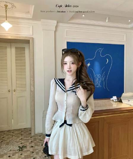 해안 예비 학생 라미 라이 경기 서울 배색 해군 스타일 셔츠 반 스커트 세트