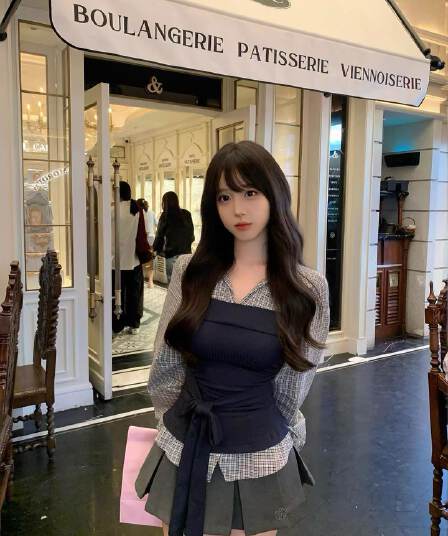 이른 가을 ootd 캐주얼 착용 가져 가라. 디자인 센스 패치워크 페이크 레이어드 셔츠 커플 반신 스커트 투피스 세트