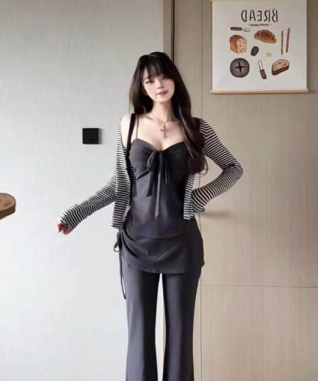 새로운 한국 스타일 패션 긴팔 자외선 차단 오픈 가디건 나비 매듭 슬립 허리밴드 부츠컷 바지 3종 세트