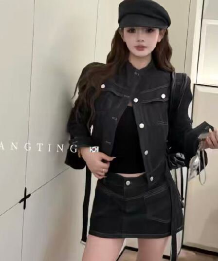 가을 의상 코디 전체 집합 한국 드라마 고급 센스 빛 요리 한 바람 로얄 자매 튀김 거리 데님 재킷 반신 스커트 투피스 세트