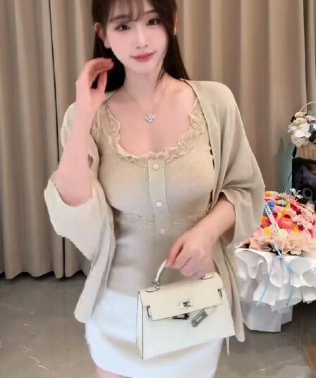 레이스 조각 구덩이 기사 니트 슬립 오픈 가디건 싱글 줄 버튼 허리 수축 슬림해 보이는 맨위 두 조각 반신 스커트 3종 세트