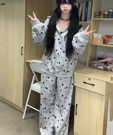 아메리칸 별 전체 인쇄 토끼 귀 후드 티 스웨터 여성 가을 겨울 느긋한 바람 루즈핏 캐주얼 투피스 슈트