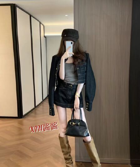레트로 궁정 바람 스탠드 칼라 금 버클 쇼트 스타일 데님 재킷 세트 여성 하이웨이스트 한 마디 데님 미니 스커트 투피스 세트