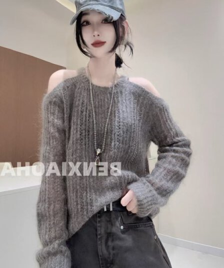 한국 chic 가을 품격 다용도 라운드 넥 홀로우 아웃 오프숄더 디자인 센스 작은 대중 루즈핏 긴팔 니트 스웨터 여자