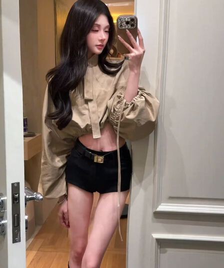 펌프 로프 스탠드 칼라 셔츠 벌룬 소매 펌프 Pleat 짧은 외투 가을 재킷 폭발 2026 새로운 캐주얼 바지 투피스 세트