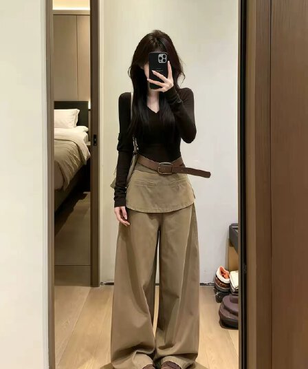 자이언트 잘 생긴 ootd 이른 가을 착용 가져 가라. 전체 집합 2026 새로운 V넥 긴팔 맨위 여성 와이드 레그 팬츠 투피스 슈트