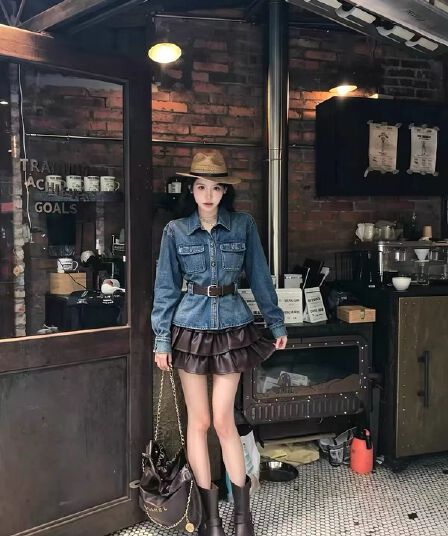 새로운 패션 연령 감소 폴로 칼라 더블 주머니 데님 셔츠 케이크 반신 스커트 벨트 3 세트