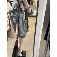 批发<b class='q'>特价</b>原版布料复古慵懒风休闲格纹宽松格子衬衫女外套