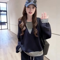 韩系慵懒风假两件拼接条纹撞色针织衫女2025秋冬新款气质宽松毛衣