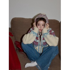 吵吵家米色费尔岛开衫连帽圣诞毛衣外套女加厚毛衫上衣长袖针织衫