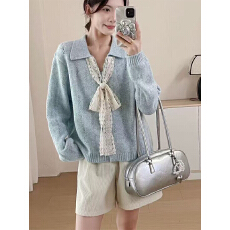 批发蝴蝶结系带黄色毛衣外套女装早秋穿<b class='q'>搭</b>气质Polo领<b class='q'>长袖</b>针织<b class='q'>开衫</b>上衣