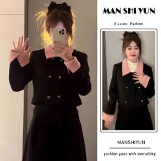 批发毛呢秋<b class='q'>冬</b>新款翻领短款小香风长袖外套女中长款显瘦半身裙两件套装