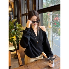 批发原版质量挂脖V领露肩长袖<b class='q'>卫衣</b>百搭休闲上衣潮