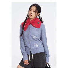 批发小马刺绣短款针织开衫女款休闲百搭毛衣