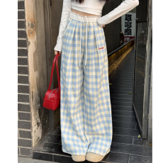 批发多巴胺蓝色休闲格子裤女春夏季<b class='q'>大码</b>新款薄款直筒宽松阔腿拖地<b class='q'>长裤</b>
