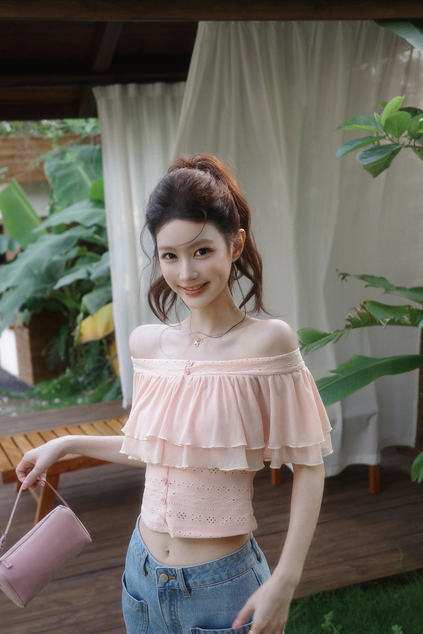 감사합니다. 아니요 고기 프릴 오프숄더 쇼트 스타일 티셔츠 여성 여름 캐주얼 바람 계층의 감각 디자인 센스 몸매 가꾸기 맨위