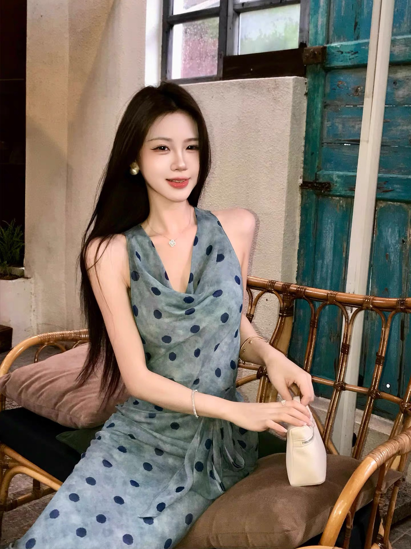 무쯔리 목자이 ~ 중 리 민소매 행침 목 흔들다 칼라 스트랩 허리 수축 쉬폰 톱 도루 센스 반신 스커트 도트 무늬 프린트 세트