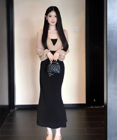 달빛 편지 이른 가을 새로운 품격 순수한 욕망 허리 수축 슬림해 보이는 프랑스식 천 골드 배색 드레스
