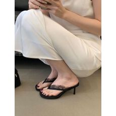 批发HD 圆头细跟 个性蕾丝边 夹拖女拖鞋