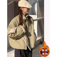 批发韩系加绒立领羊羔毛短款外套女2025冬季新款休闲宽松保暖工装棉服