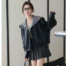 批发韩系设计感海军领皮衣外套女2025早秋新款宽松显瘦百搭小个子上衣