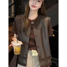 批发时尚减龄木耳花边圆领皮马甲女春秋新款宽松百搭休闲背心