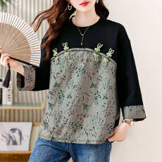 批发实拍 圆领亮丝提花拼接卫衣2026春季宽松新中式国风盘扣气质女装