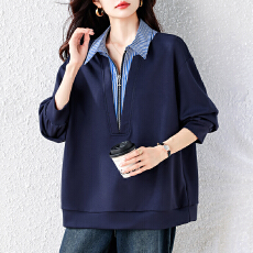 批发实拍 时尚条纹假两件卫衣女大码宽松上衣春季2026新款欧洲站女装