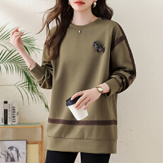 批发实拍中长款刺绣拼接卫衣女2026新款简约休闲百搭宽松慵懒大码上衣