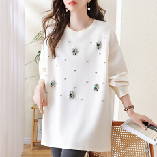 批发实拍  圆领宽松订钻长袖卫衣2026新款慵懒百搭休闲棉质大码女装