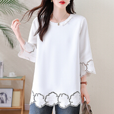 批发实拍复古白色缕空刺绣T恤女春季2026年新款上衣大码新中式女装潮