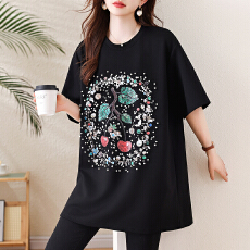 批发实拍 印花钉珠中长款短袖T恤女夏季上衣2026年大码<b class='q'>欧洲站</b><b class='q'>新款</b>女装