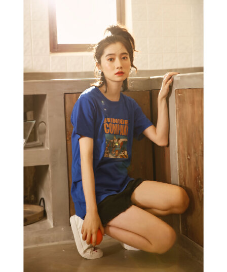 실사 작은 동영상 파란색 티셔츠 여성용 짧은 소매 사회 루즈핏 한 팬 반소매 bf 하라주쿠 스타일 인터넷 유명인 같은 단락 여름