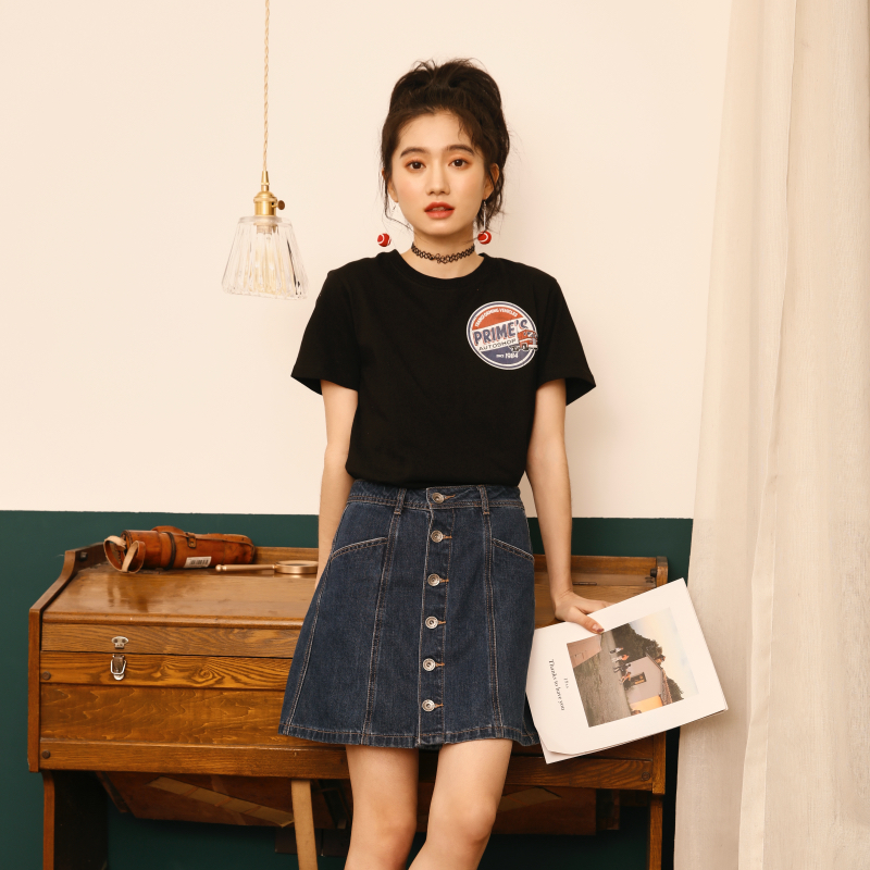 실사 작은 동영상 일본식 레트로 홍콩 느낌 티셔츠 여성 반팔 한국 스타일 루즈핏 하라주쿠 학생 여름 반소매 트렌디