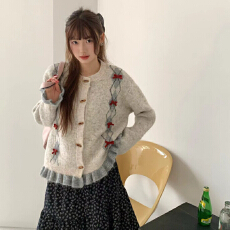 批发刺绣蝴蝶结<b class='q'>针织</b><b class='q'>开衫</b><b class='q'>圆领</b>毛衣外套秋冬长袖打底衫上衣内搭可外穿女