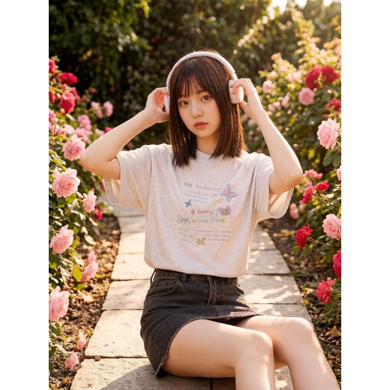 꽃 중 다용도 나비 프린트 디자인 반팔 티셔츠 여성 여름 연령 감소 루즈핏 단색 라운드 넥 맨위