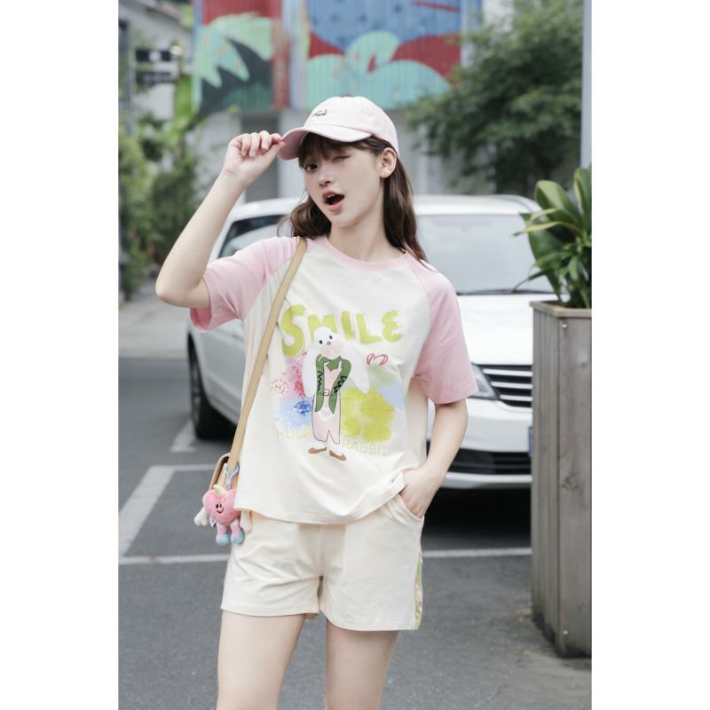 삽입 어깨 소매 토끼 티셔츠 여성용 짧은 소매 여름 디자인 센스 작은 대중 한 부서 chic Chic 루즈핏 만화 맨위 ins