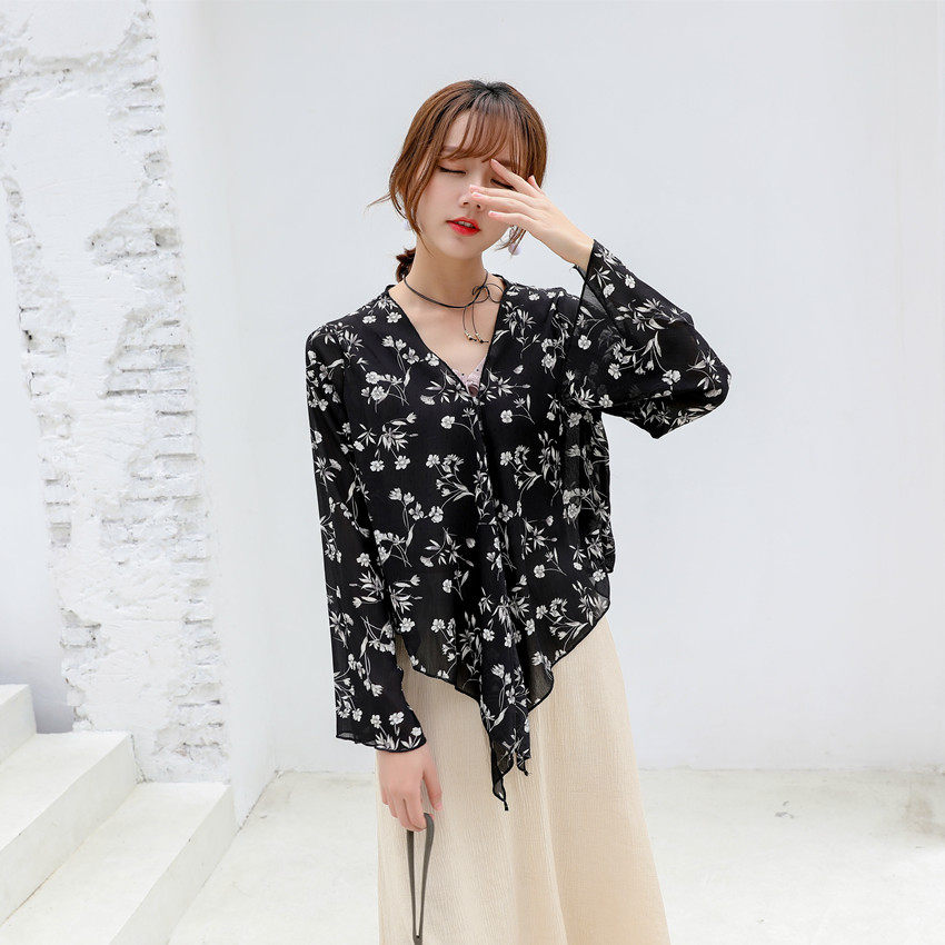 실사 매듭이 달린 꽃무늬 쉬폰 오픈 가디건 숄 여성 여름 외부 가져 가라. 부드러운 긴팔 달콤함 맨위 작은 청신 쇼트 스타일