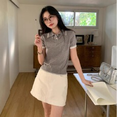 批发2026夏季新款Polo领双领条纹撞色<b class='q'>假两件</b>短袖<b class='q'>针织衫</b>上衣女